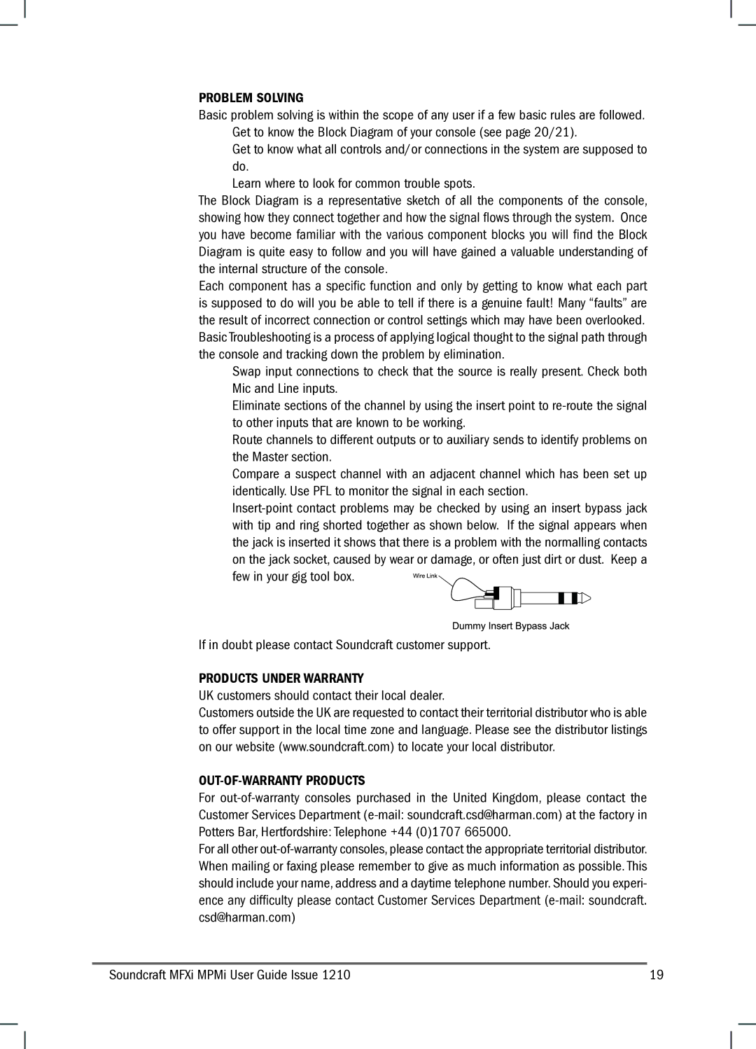 Harman MFXI, MPMI manual Problem Solving, Products Under Warranty, UK customers should contact their local dealer 