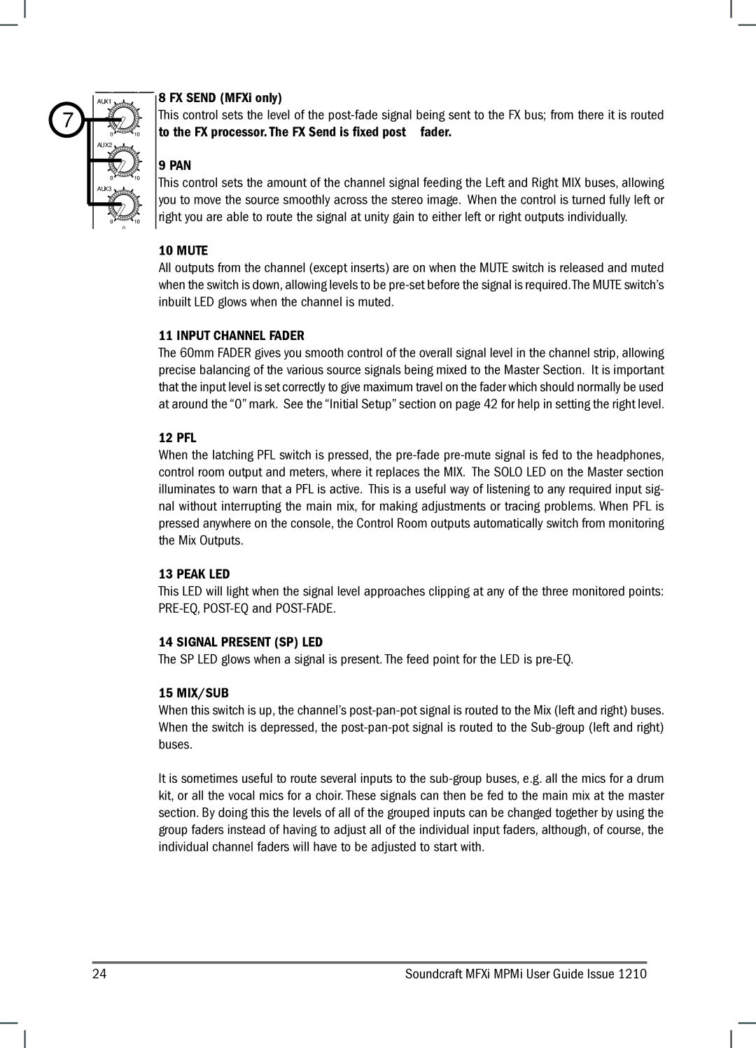 Harman MPMI, MFXI manual Pan, Mute, Input Channel Fader, Peak LED, Signal Present SP LED, 15 MIX/SUB 