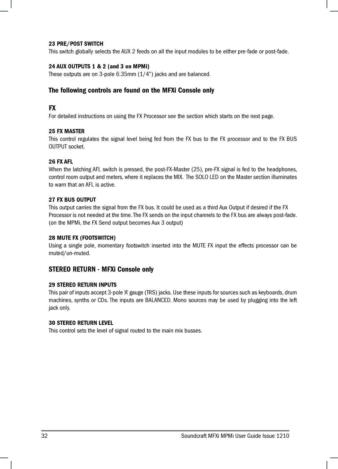 Harman MPMI, MFXI manual 23 PRE/POST Switch, FX Master, Fx Afl, FX BUS Output, Mute FX Footswitch, Stereo Return Inputs 