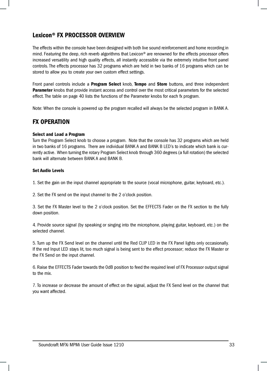 Harman MFXI, MPMI manual Lexicon FX Processor Overview, FX Operation, Select and Load a Program, Set Audio Levels 