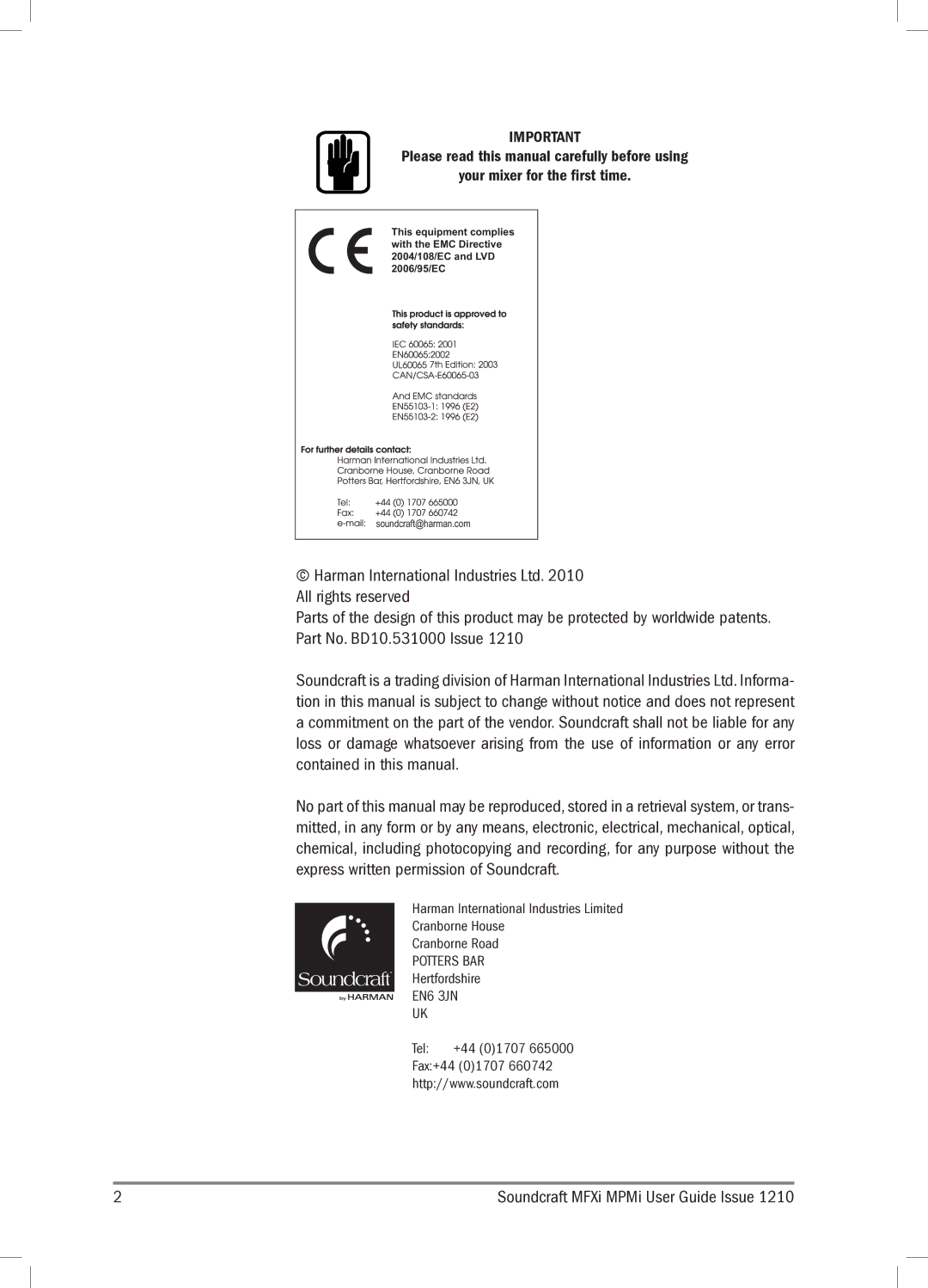 Harman MPMI, MFXI manual Potters BAR 