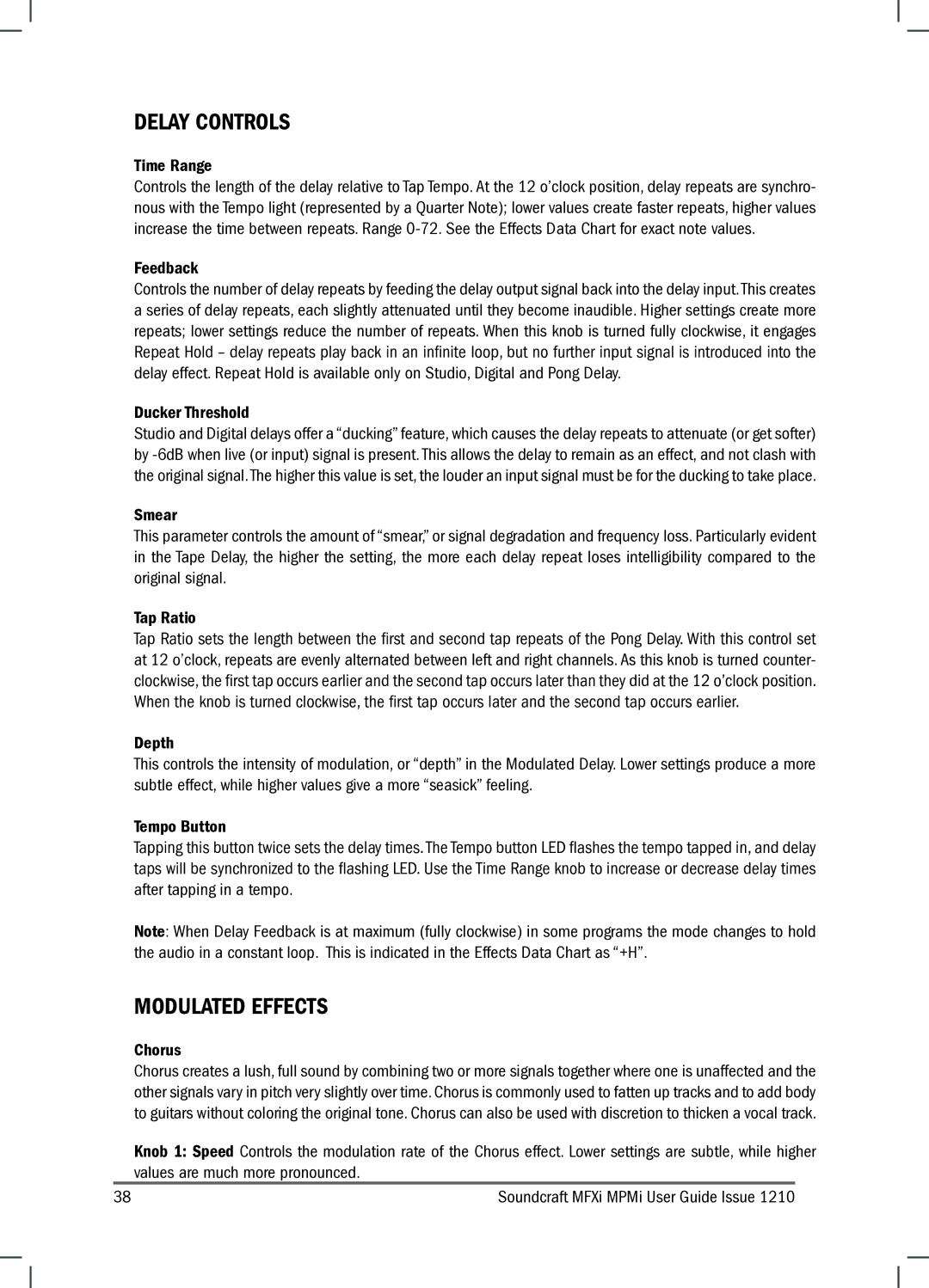 Harman MPMI, MFXI manual Delay Controls, Modulated Effects 