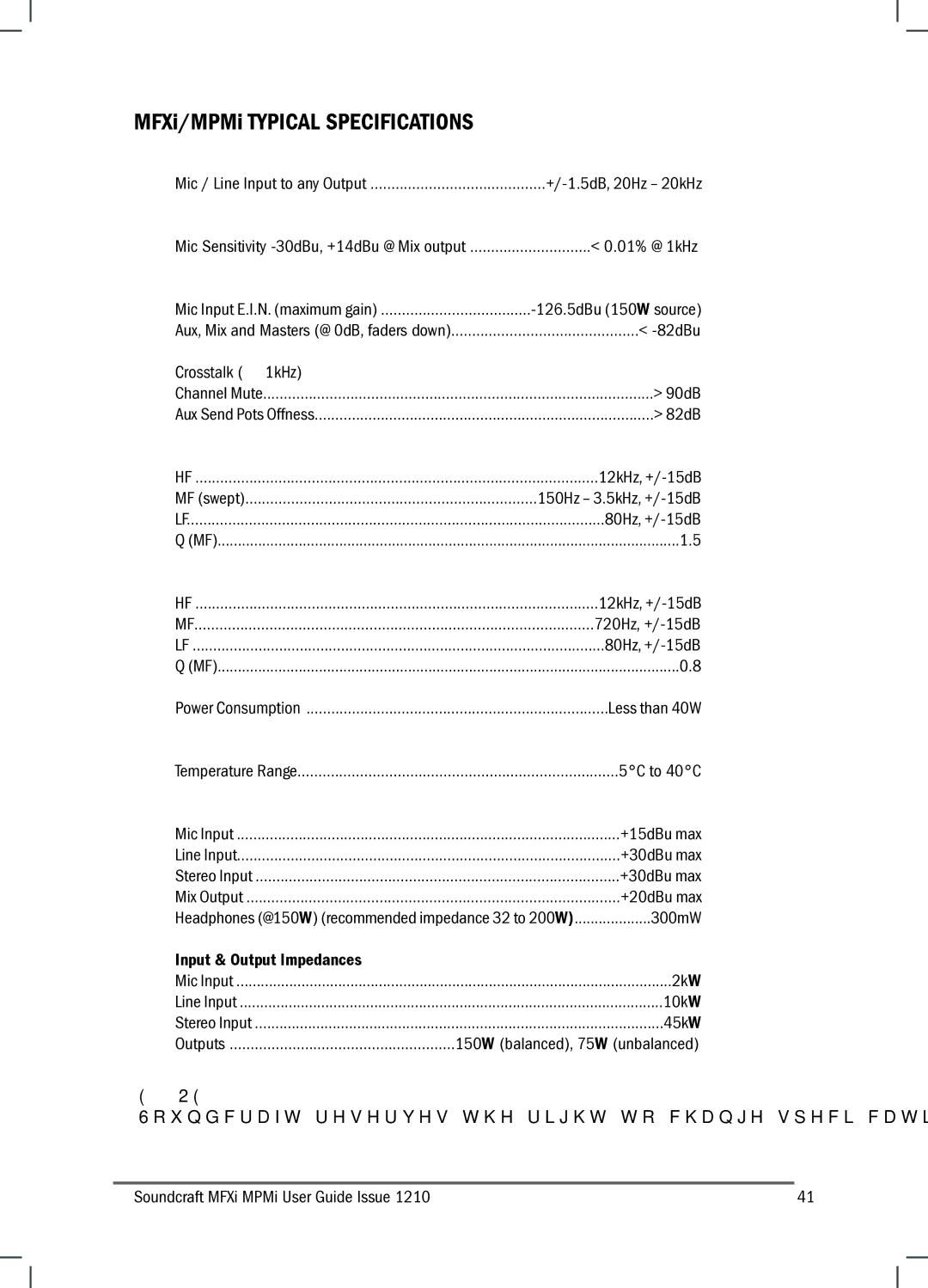 Harman MFXI, MPMI manual MFXi/MPMi Typical Specifications, Crosstalk @ 1kHz 