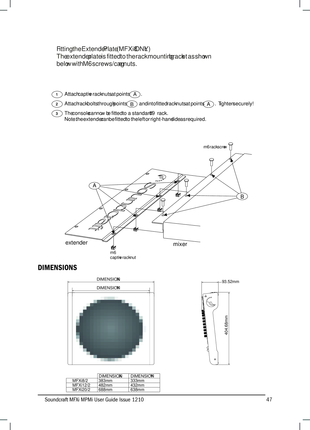 Harman MFXI, MPMI manual Dimensions, Extender, Mixer 