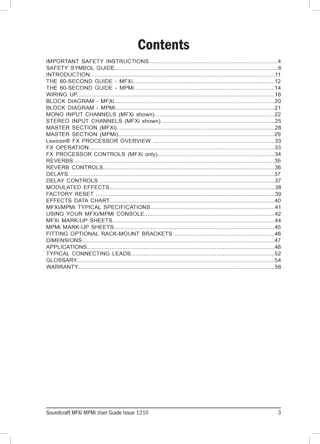 Harman MFXI, MPMI manual Contents 