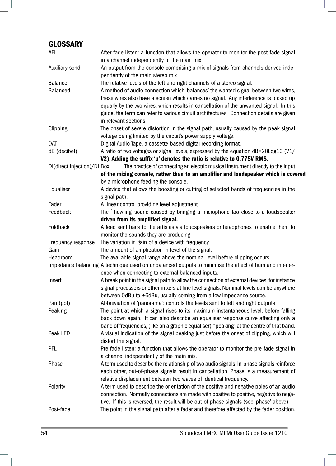 Harman MPMI, MFXI manual Glossary 