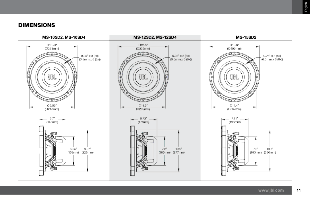 Harman owner manual Dimensions, MS-10SD2, MS-10SD4 MS-12SD2, MS-12SD4 MS-15SD2 