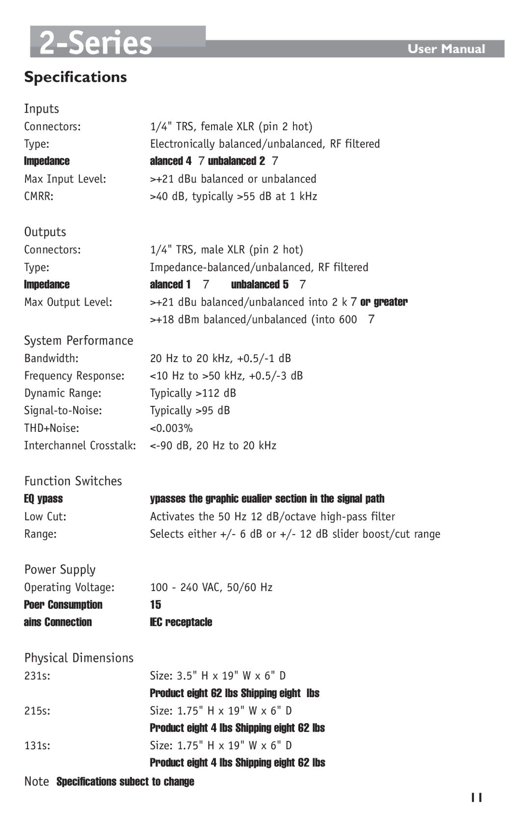 Harman not available user manual Inputs, Outputs, System Performance, Function Switches, Power Supply, Physical Dimensions 