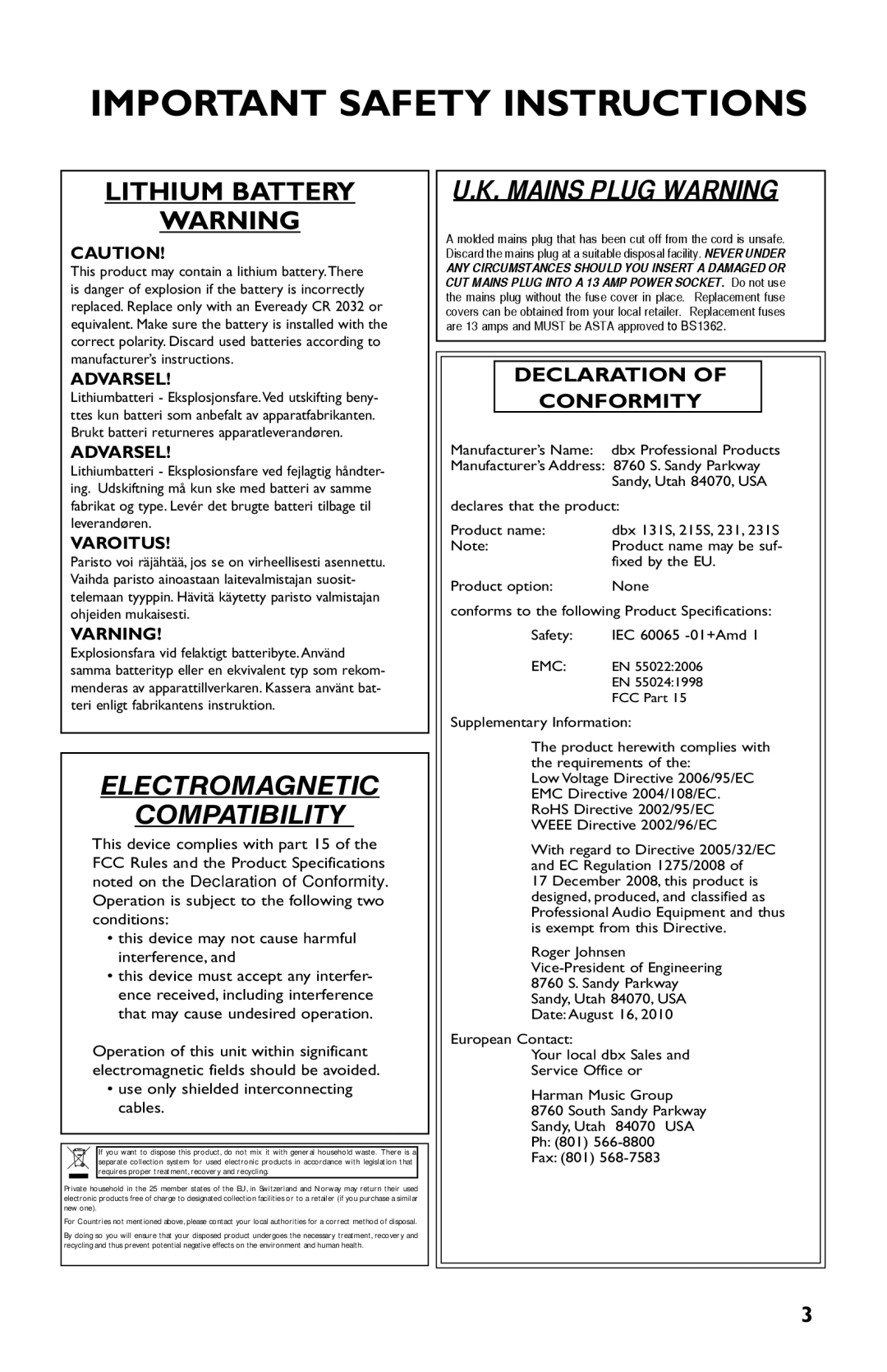 Harman not available user manual Electromagnetic Compatibility 