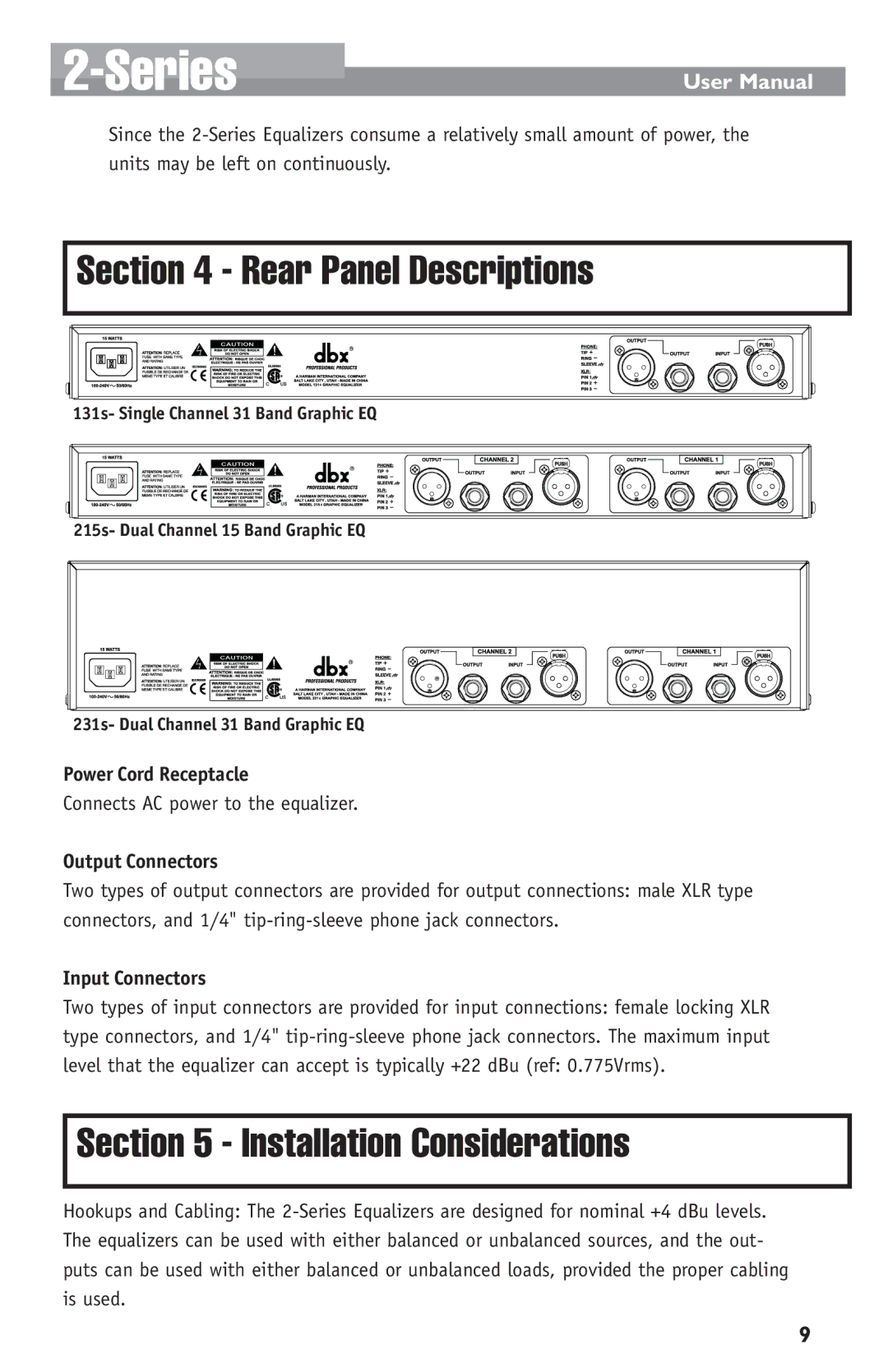 Harman not available user manual Rear Panel Descriptions, Installation Considerations 