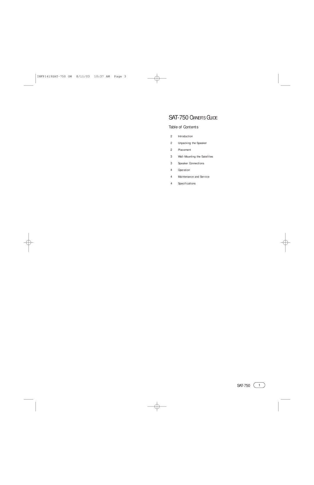 Harman SAT-750 manual Table of Contents 