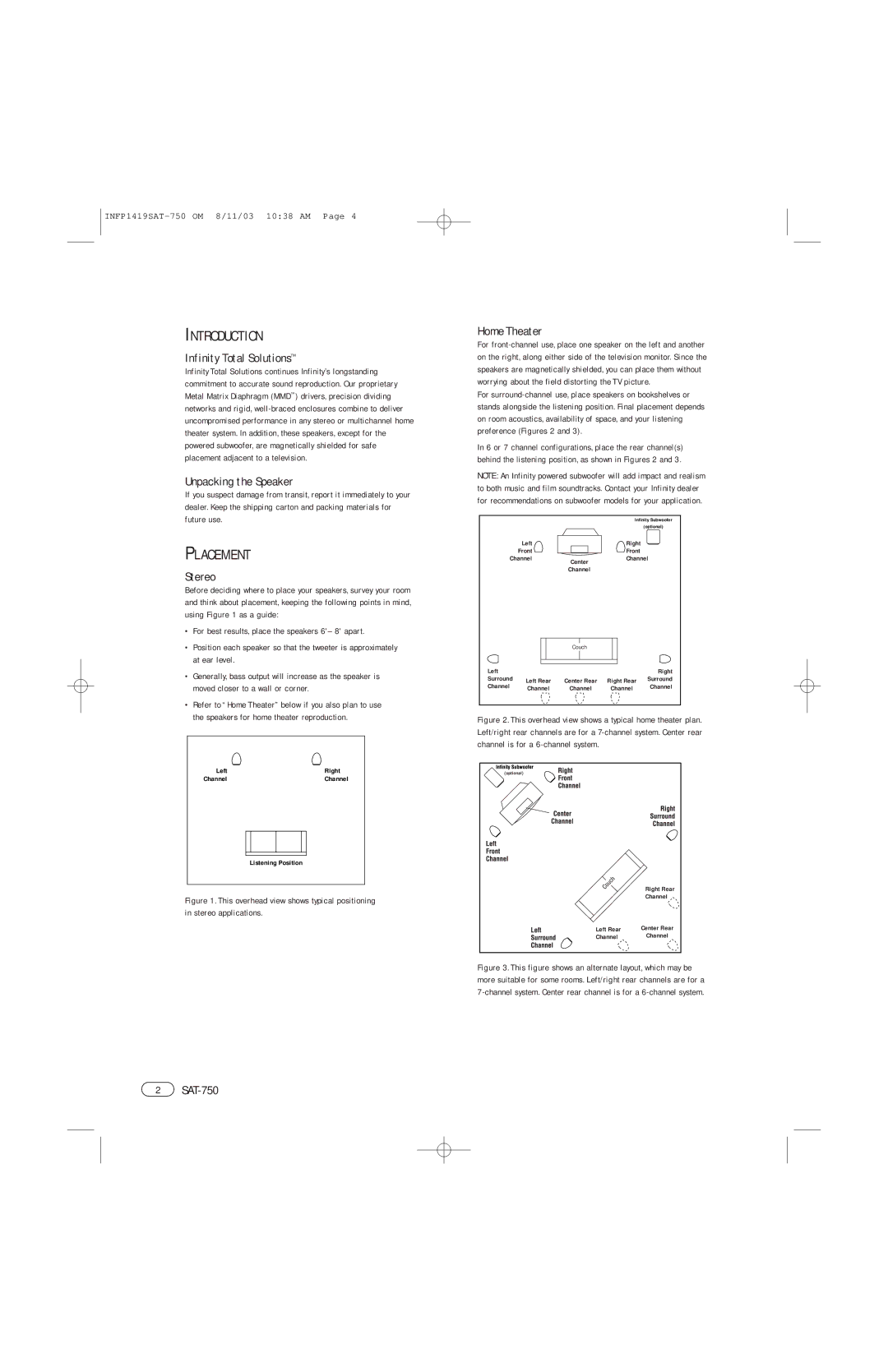 Harman SAT-750 manual Introduction, Placement 