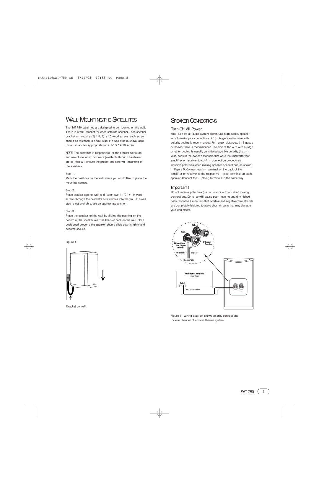 Harman SAT-750 manual WALL-MOUNTING the Satellites Speaker Connections, Turn Off All Power 