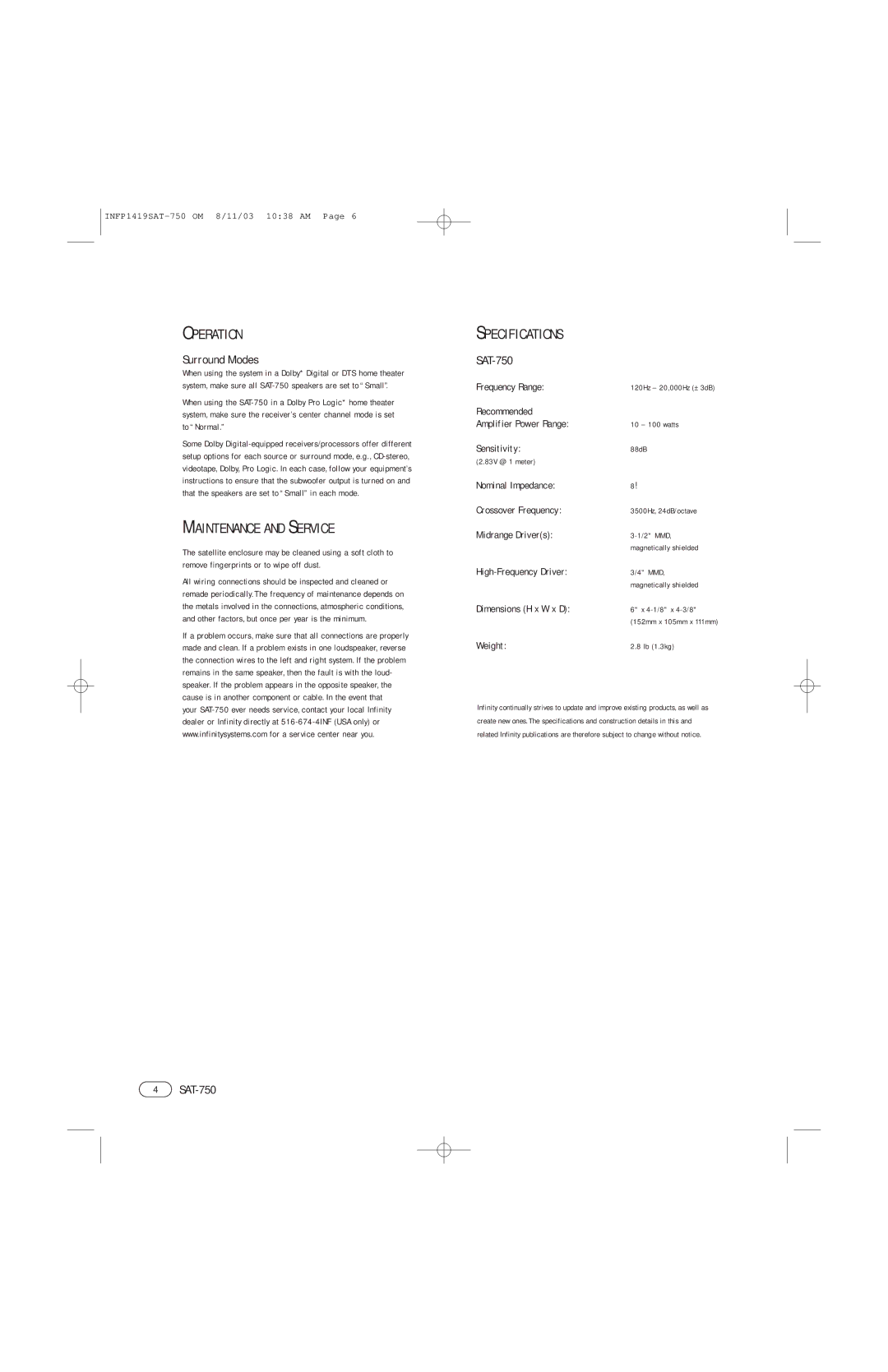 Harman SAT-750 manual Operation, Maintenance and Service, Specifications, Surround Modes 