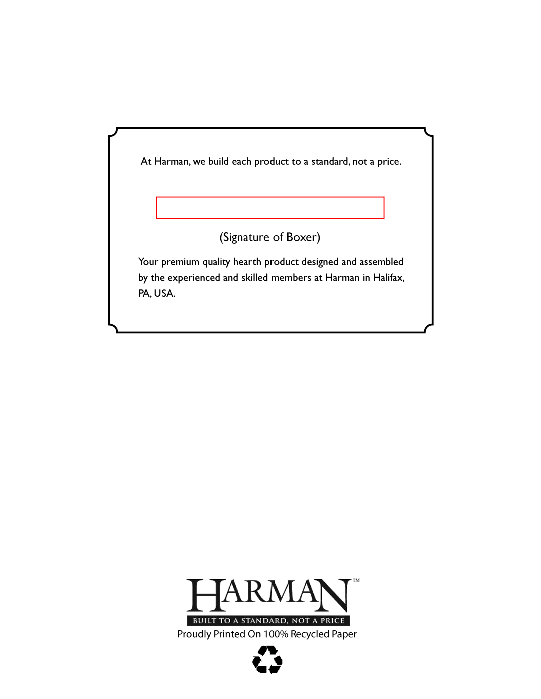 Harman SF160 manual Signature of Boxer, Proudly Printed On 100% Recycled Paper 