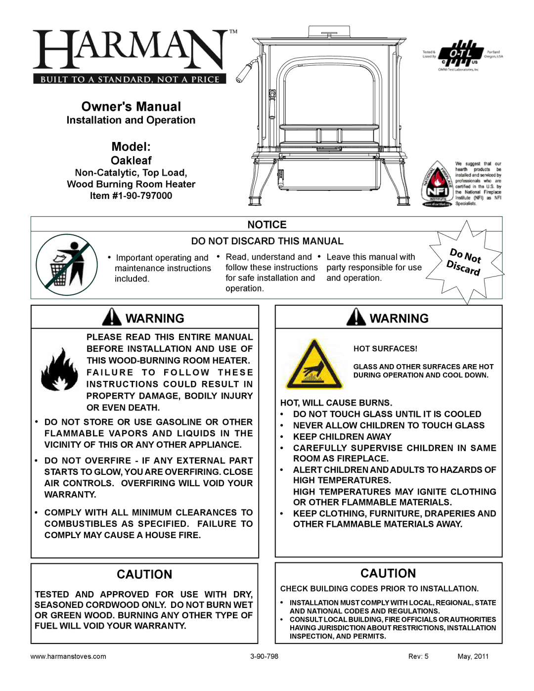 Harman Stove Company 1-90-79700 owner manual Installation and Operation, Do Not Discard 