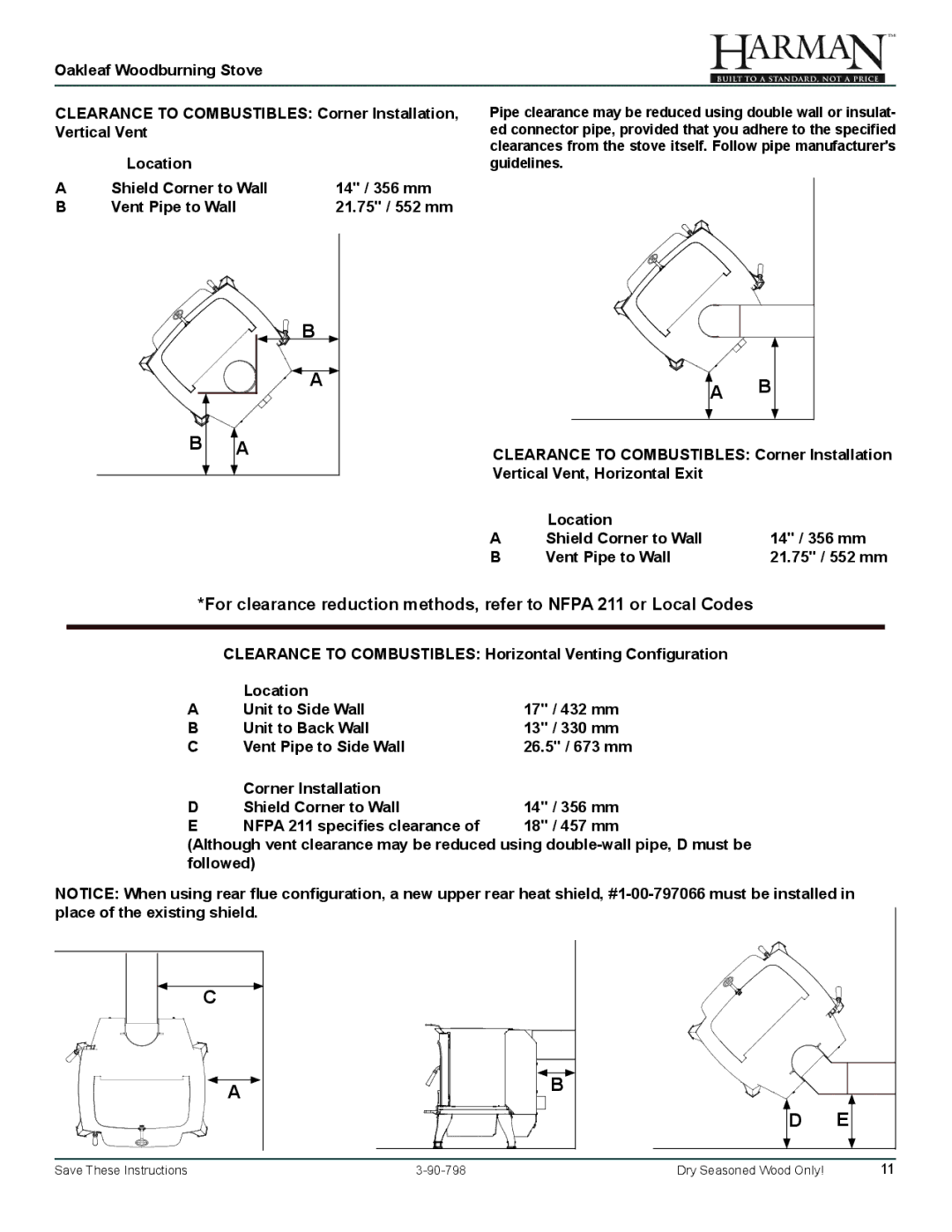 Harman Stove Company 1-90-79700 owner manual Clearance to Combustibles Corner Installation 