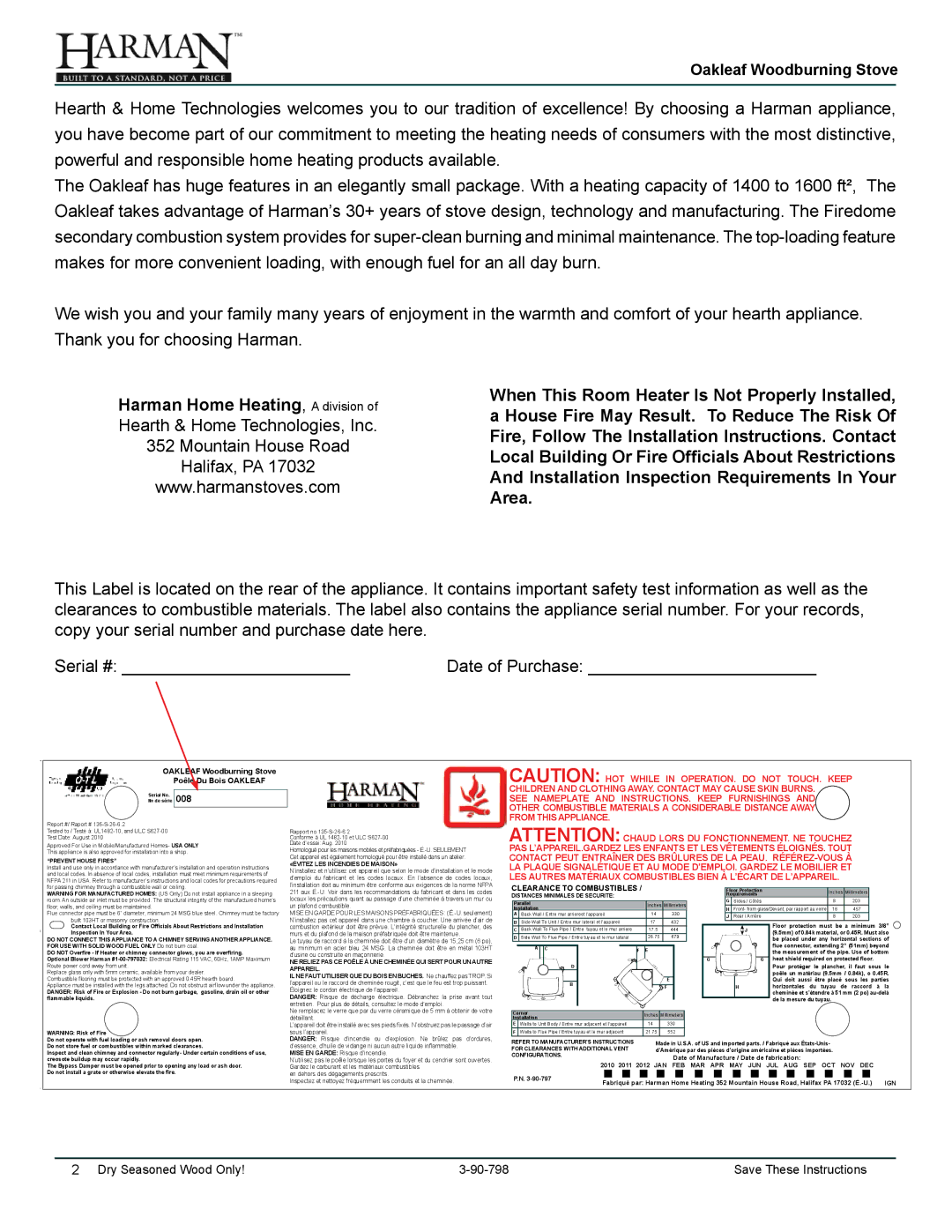 Harman Stove Company 1-90-79700 owner manual Oakleaf Woodburning Stove 