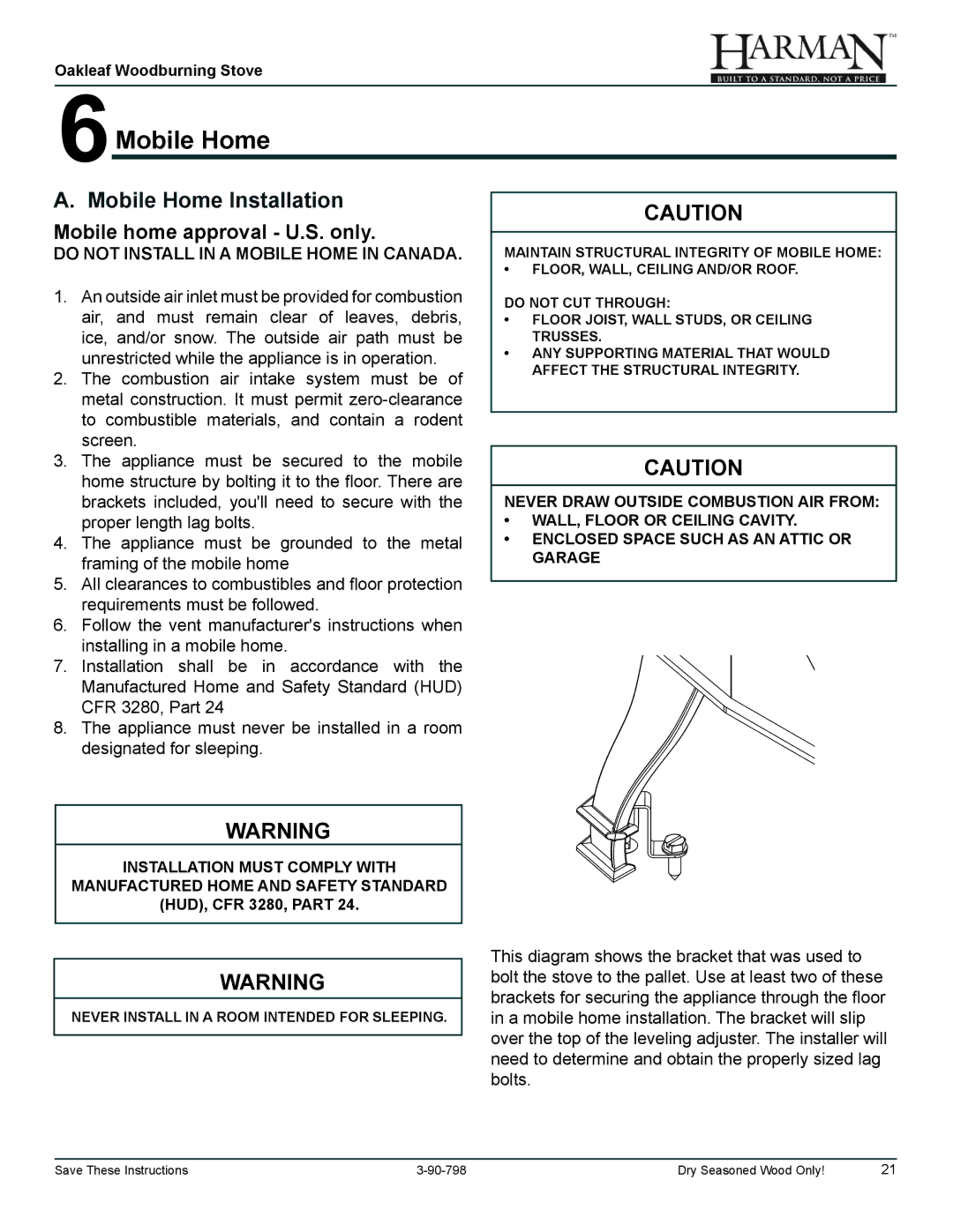 Harman Stove Company 1-90-79700 owner manual 6Mobile Home, Mobile Home Installation 