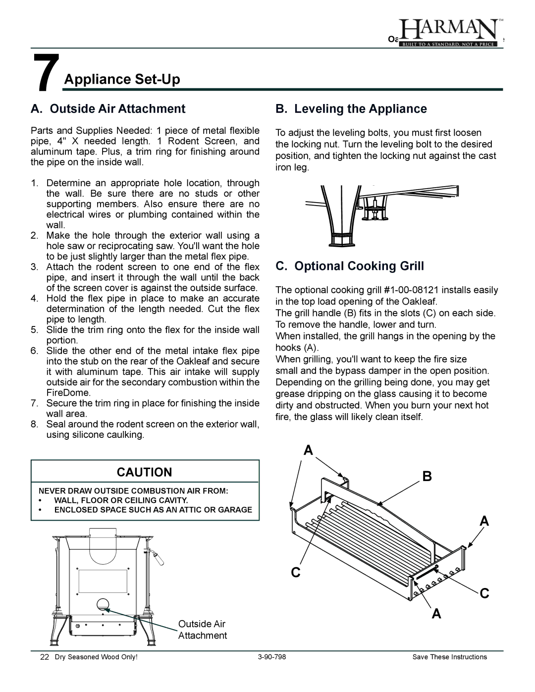 Harman Stove Company 1-90-79700 7Appliance Set-Up, Outside Air Attachment, Leveling the Appliance, Optional Cooking Grill 