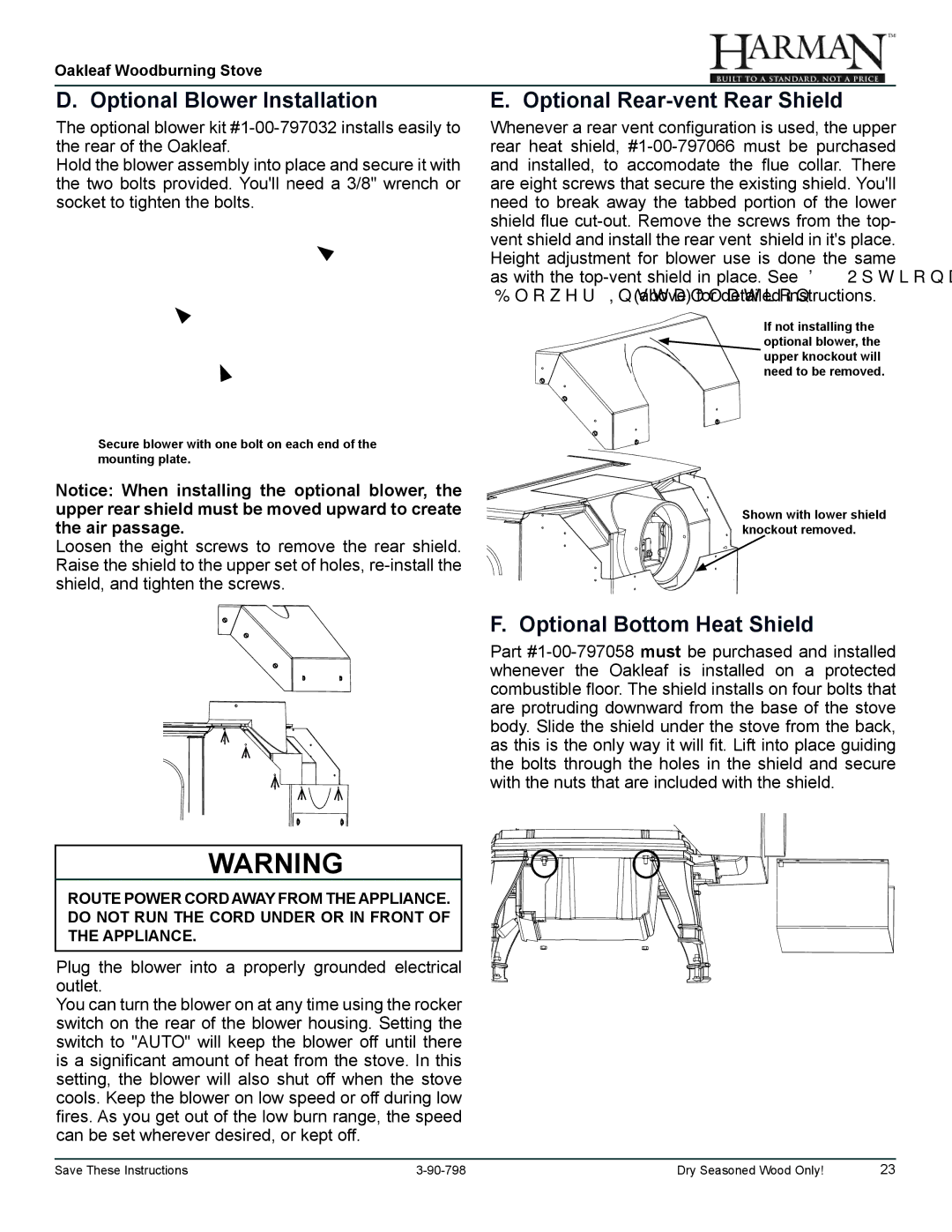 Harman Stove Company 1-90-79700 Optional Blower Installation, Optional Rear-vent Rear Shield, Optional Bottom Heat Shield 