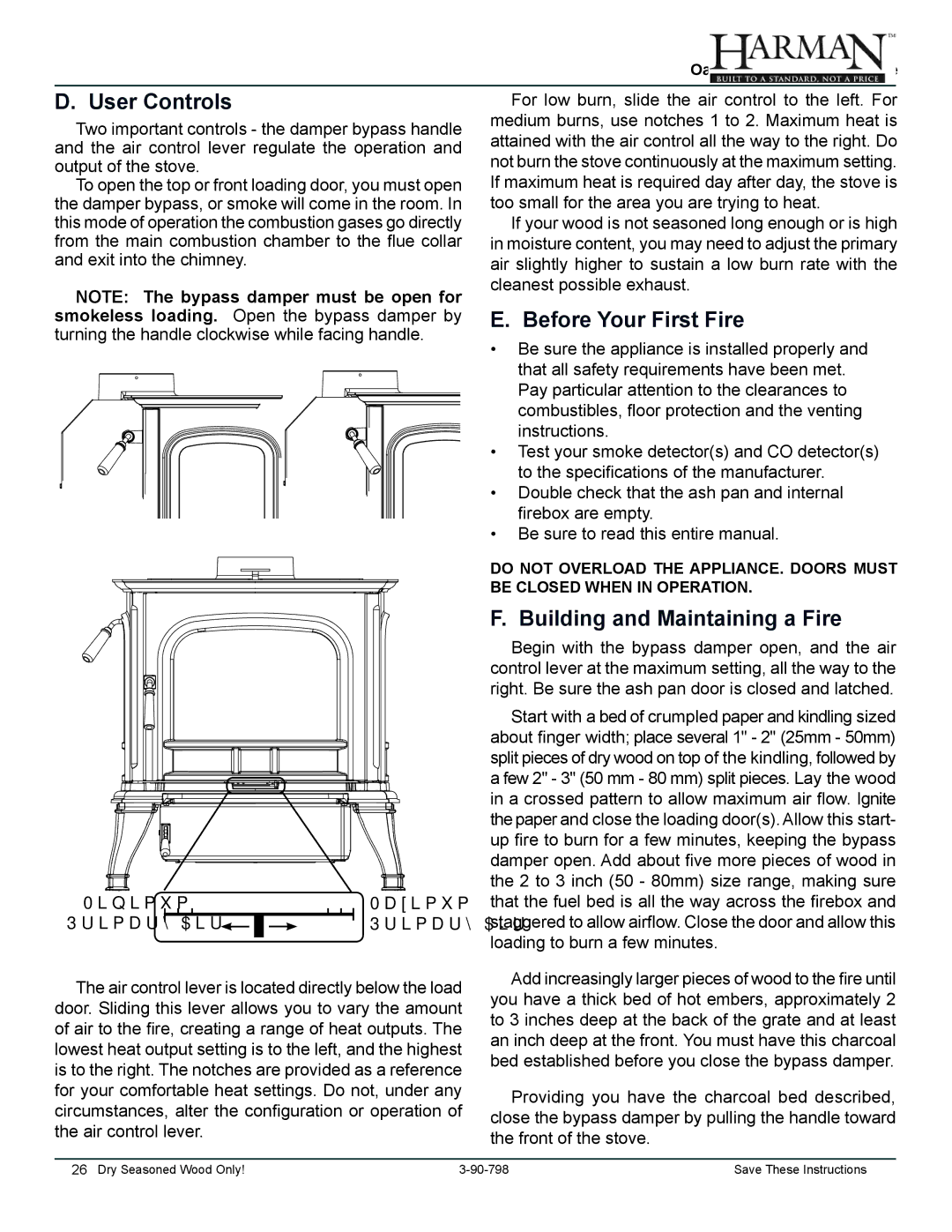 Harman Stove Company 1-90-79700 owner manual User Controls, Before Your First Fire, Building and Maintaining a Fire 