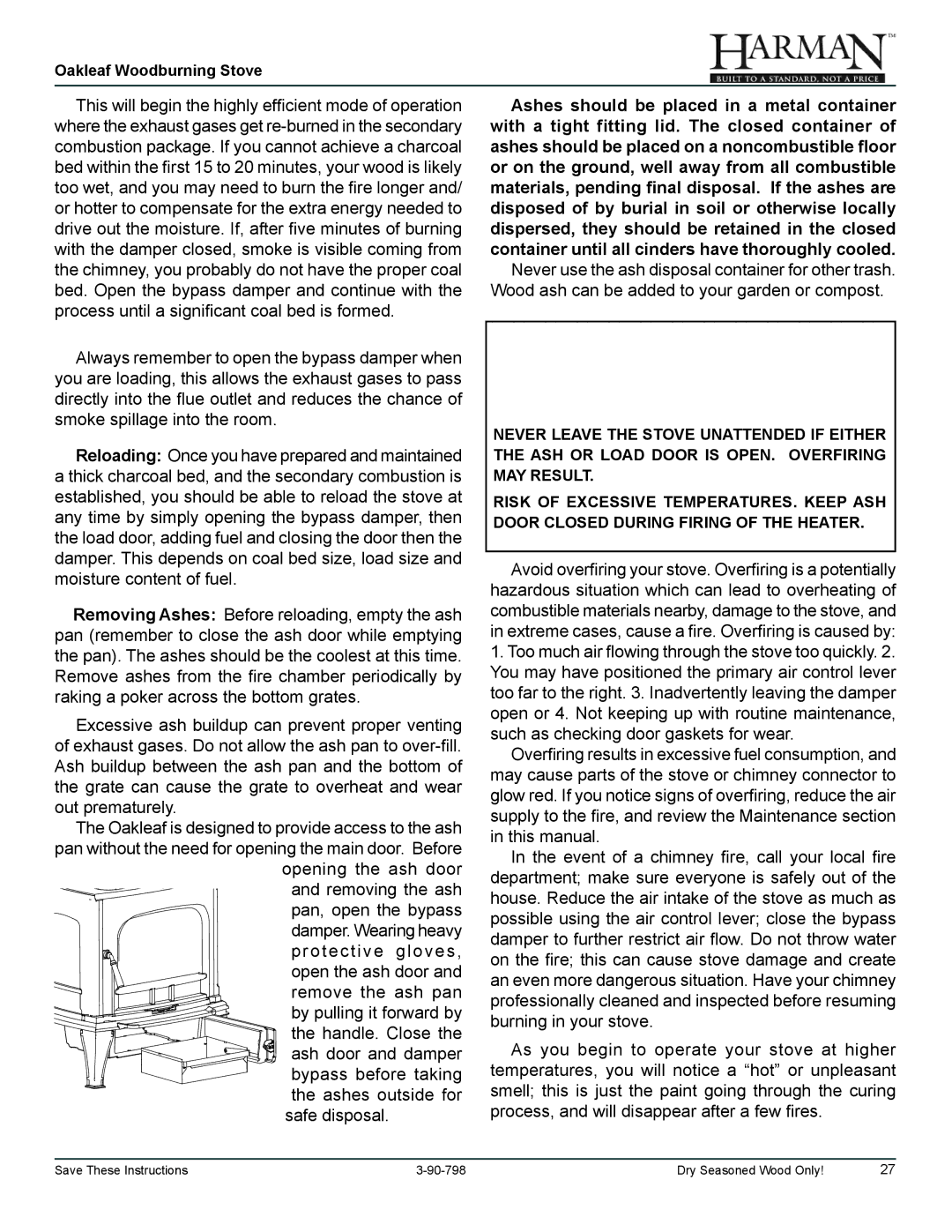 Harman Stove Company 1-90-79700 owner manual Oakleaf Woodburning Stove 