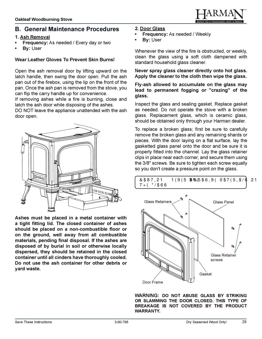 Harman Stove Company 1-90-79700 owner manual General Maintenance Procedures, Ash Removal, Door Glass, By User 