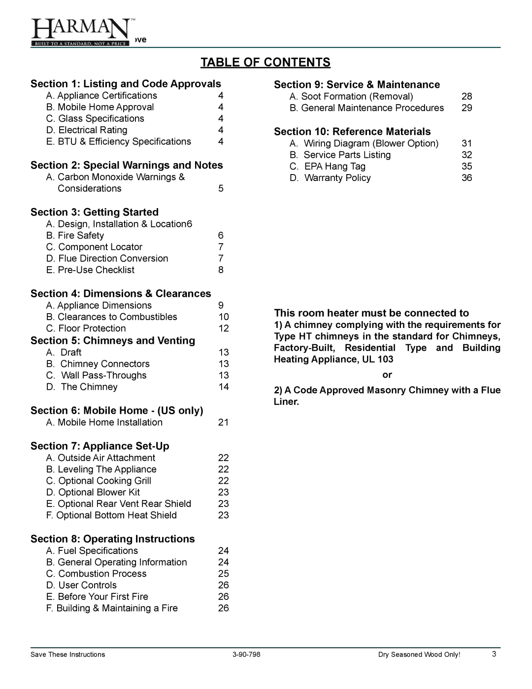 Harman Stove Company 1-90-79700 owner manual Table of Contents 