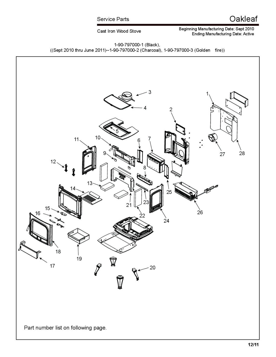 Harman Stove Company 1-90-79700 owner manual Service parts, Part number list on following 