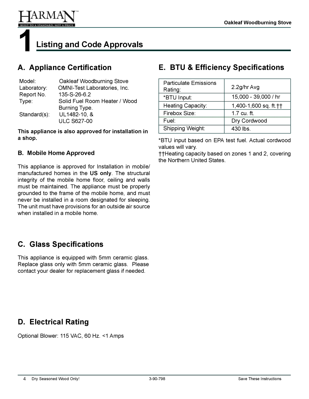 Harman Stove Company 1-90-79700 owner manual 1Listing and Code Approvals, Mobile Home Approved 