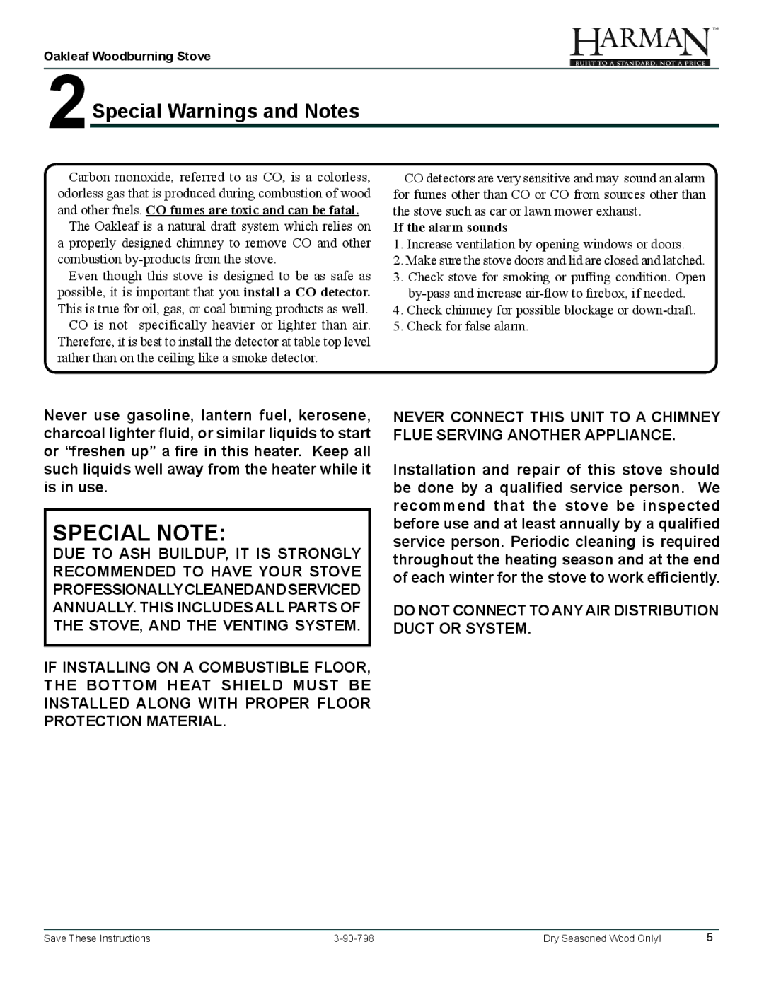 Harman Stove Company 1-90-79700 owner manual 2Special Warnings and Notes, If the alarm sounds 