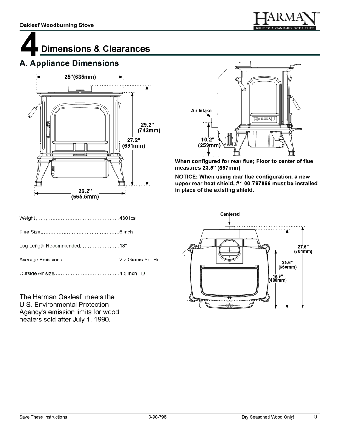 Harman Stove Company 1-90-79700 owner manual 4Dimensions & Clearances, Appliance Dimensions 