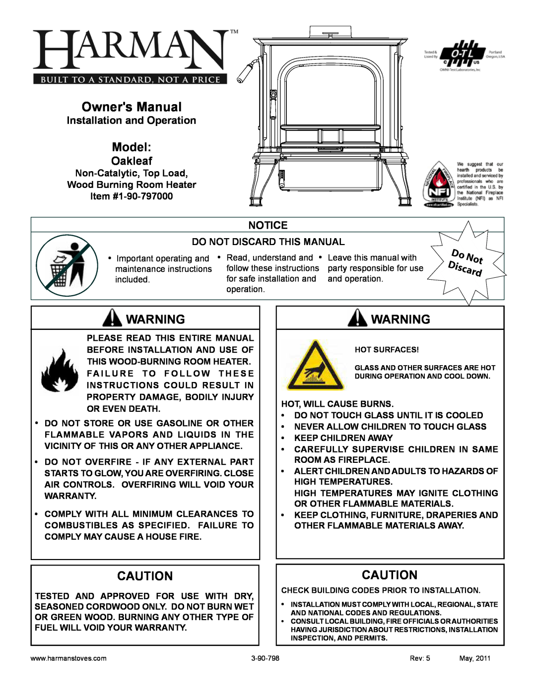 Harman Stove Company 1-90-79700 owner manual Model, Oakleaf, Non-Catalytic,Top Load Wood Burning Room Heater 