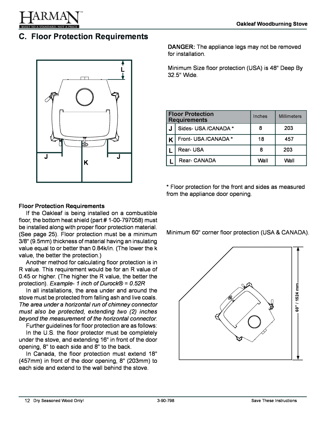 Harman Stove Company 1-90-79700 owner manual C. Floor Protection Requirements 