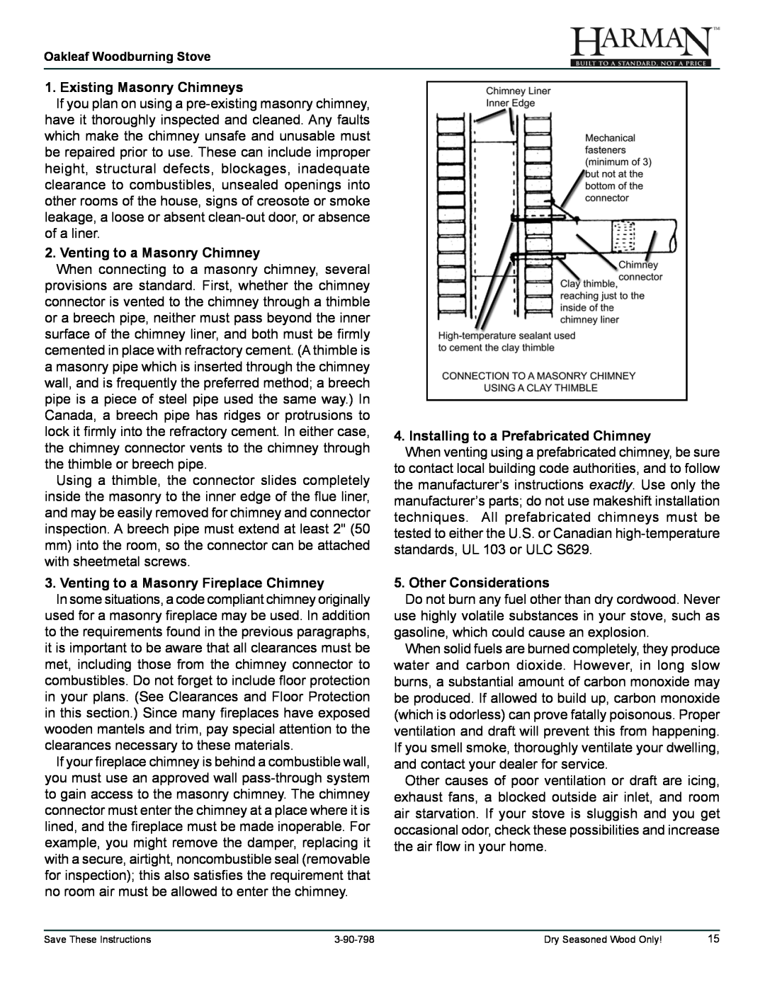 Harman Stove Company 1-90-79700 owner manual Existing Masonry Chimneys, Venting to a Masonry Chimney, Other Considerations 