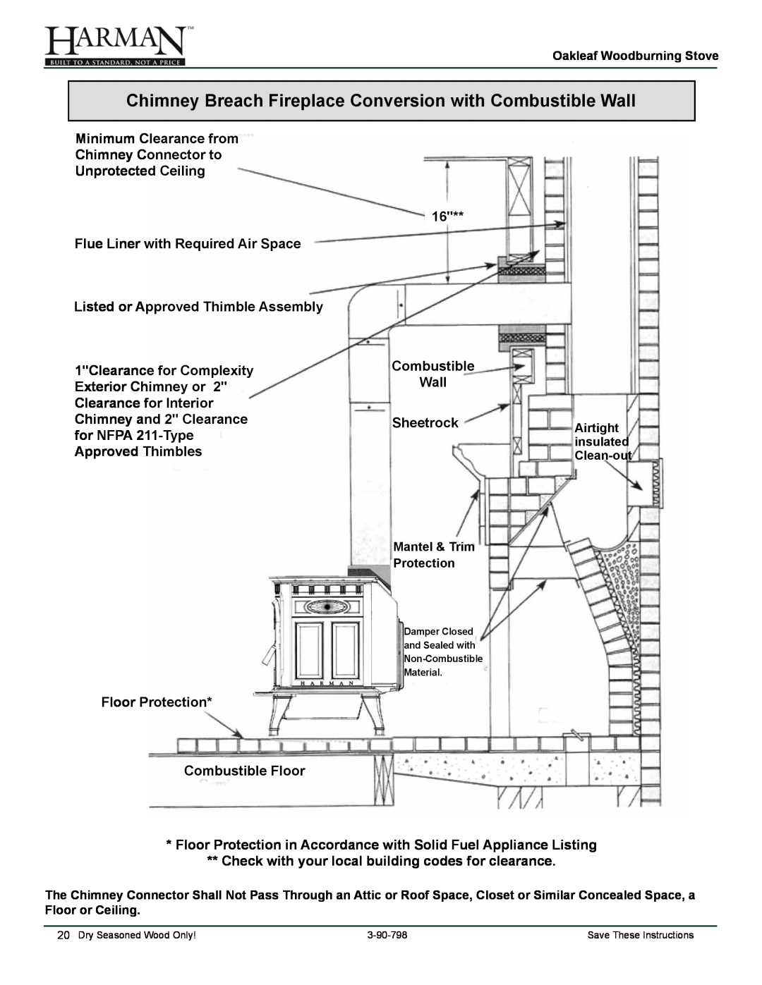 Harman Stove Company 1-90-79700 owner manual Minimum Clearance from Chimney Connector to, Unprotected Ceiling 