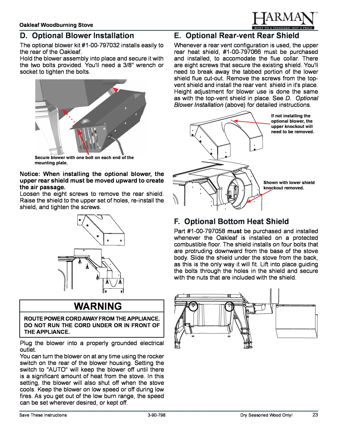 Harman Stove Company 1-90-79700 owner manual D. Optional Blower Installation, E. Optional Rear-ventRear Shield 