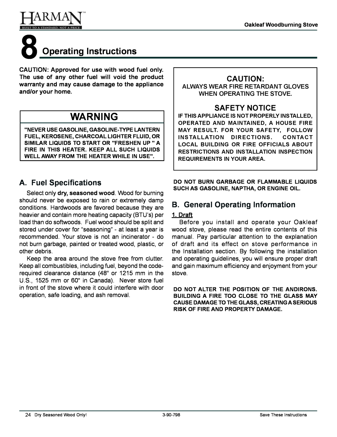 Harman Stove Company 1-90-79700 8Operating Instructions, A. Fuel Specifications, Safety Notice, when operating the stove 