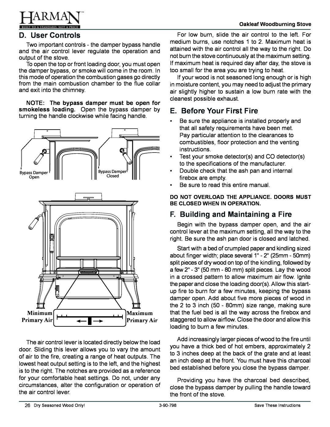 Harman Stove Company 1-90-79700 D. User Controls, E. Before Your First Fire, F. Building and Maintaining a Fire, Minimum 