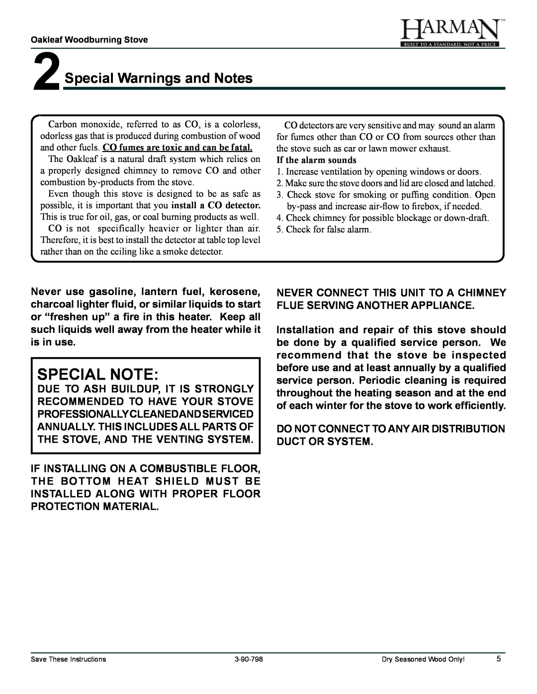Harman Stove Company 1-90-79700 owner manual Special Note, 2Special Warnings and Notes 