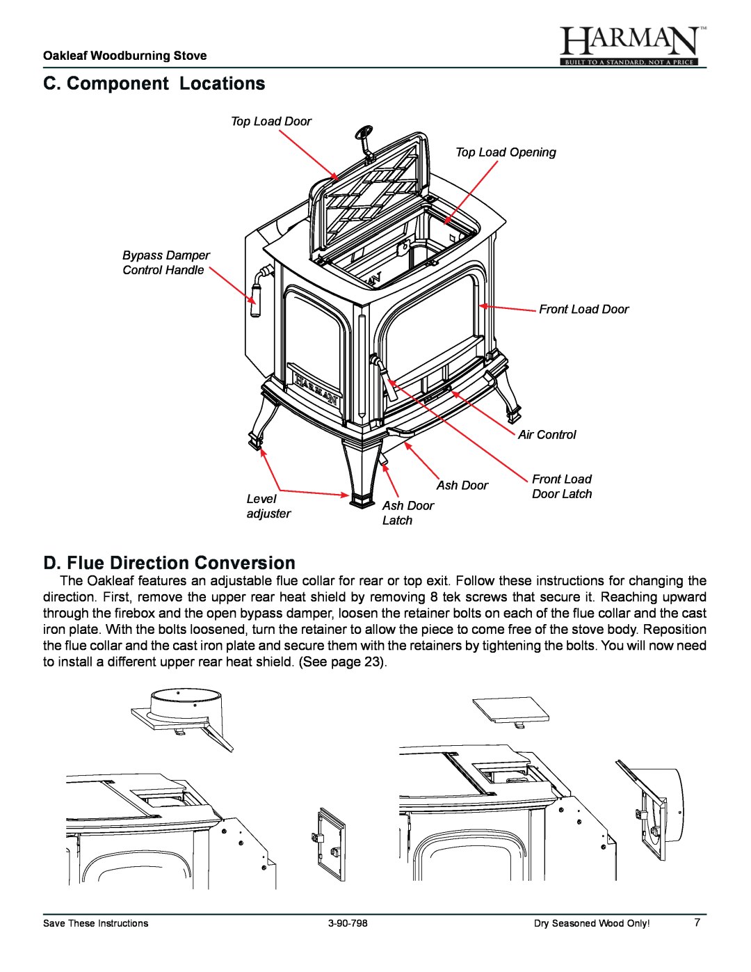 Harman Stove Company 1-90-79700 owner manual C. Component Locations, D. Flue Direction Conversion 