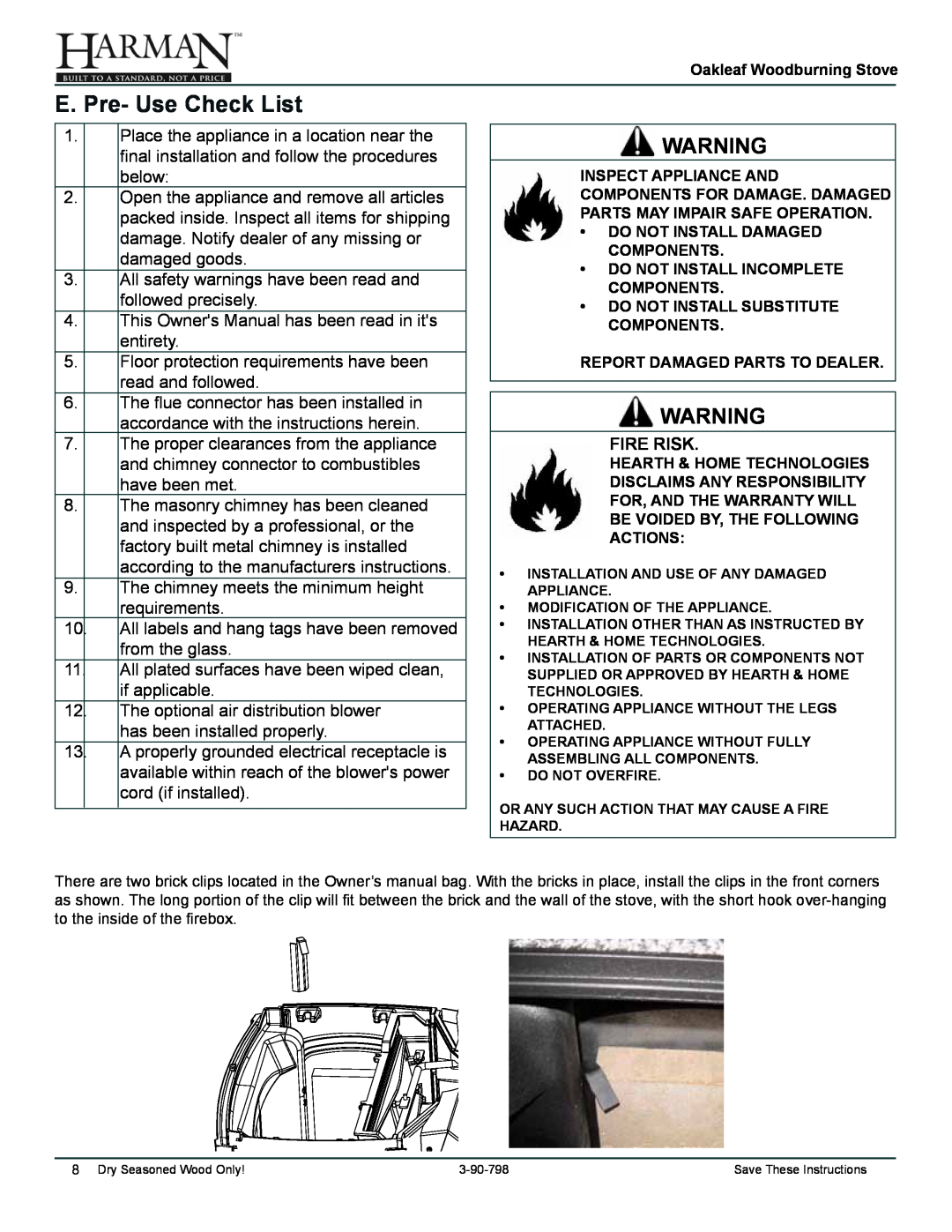 Harman Stove Company 1-90-79700 owner manual E. Pre- Use Check List, Fire Risk 