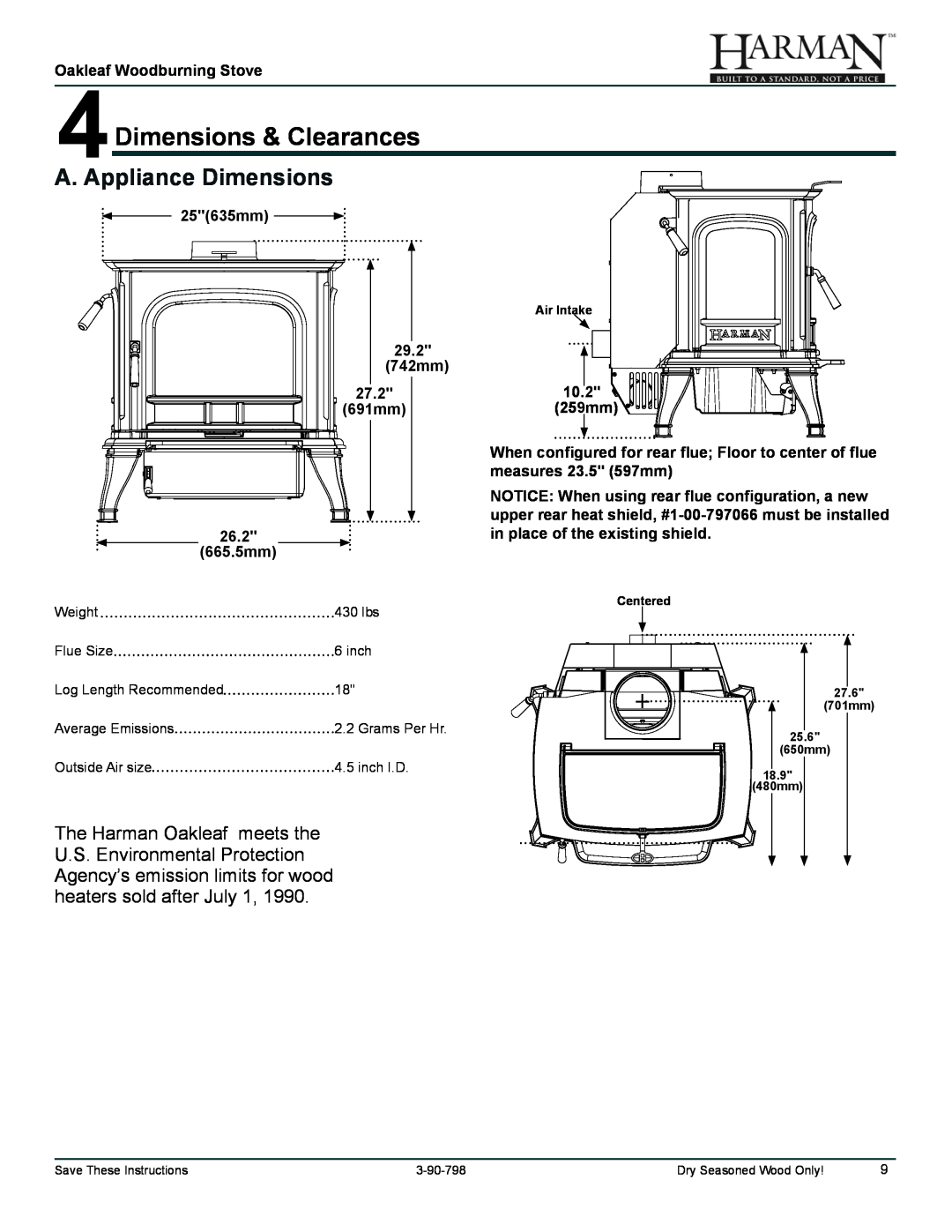 Harman Stove Company 1-90-79700 owner manual 4Dimensions & Clearances, A. Appliance Dimensions 