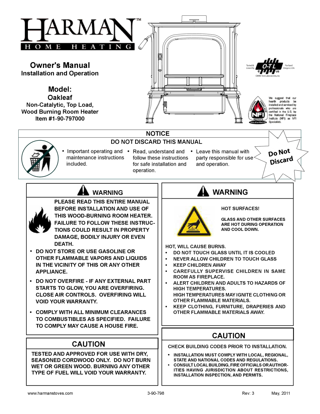 Harman Stove Company 1-90-797000 manual Model, Installation and Operation 