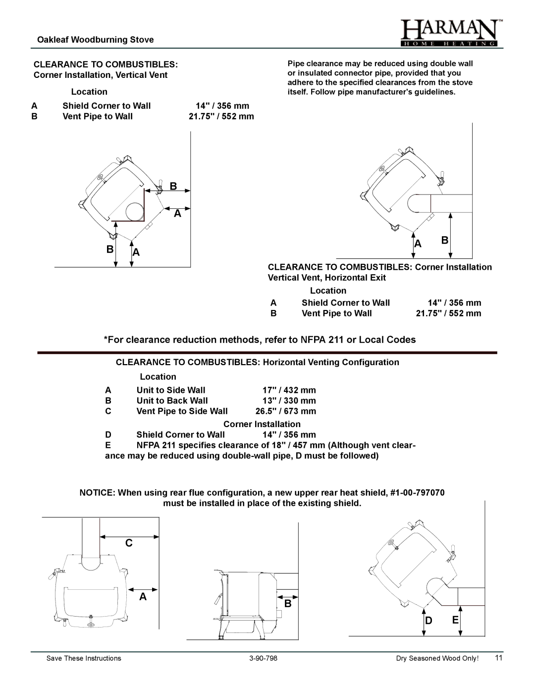 Harman Stove Company 1-90-797000 manual Clearance to Combustibles 