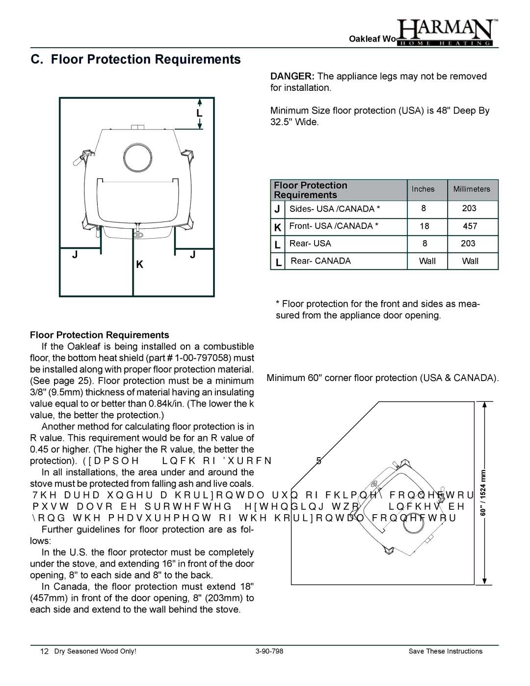 Harman Stove Company 1-90-797000 manual Floor Protection Requirements 