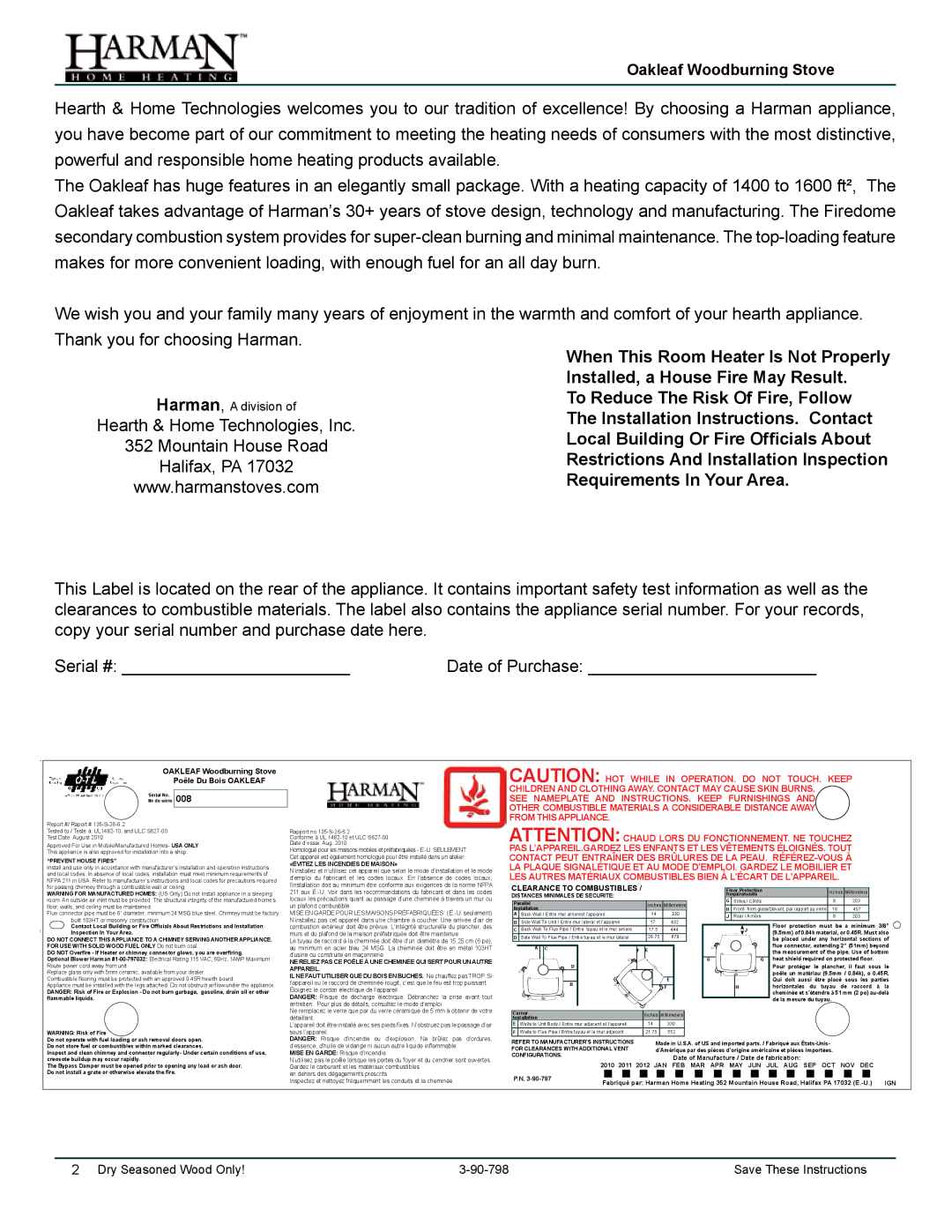 Harman Stove Company 1-90-797000 manual Oakleaf Woodburning Stove 