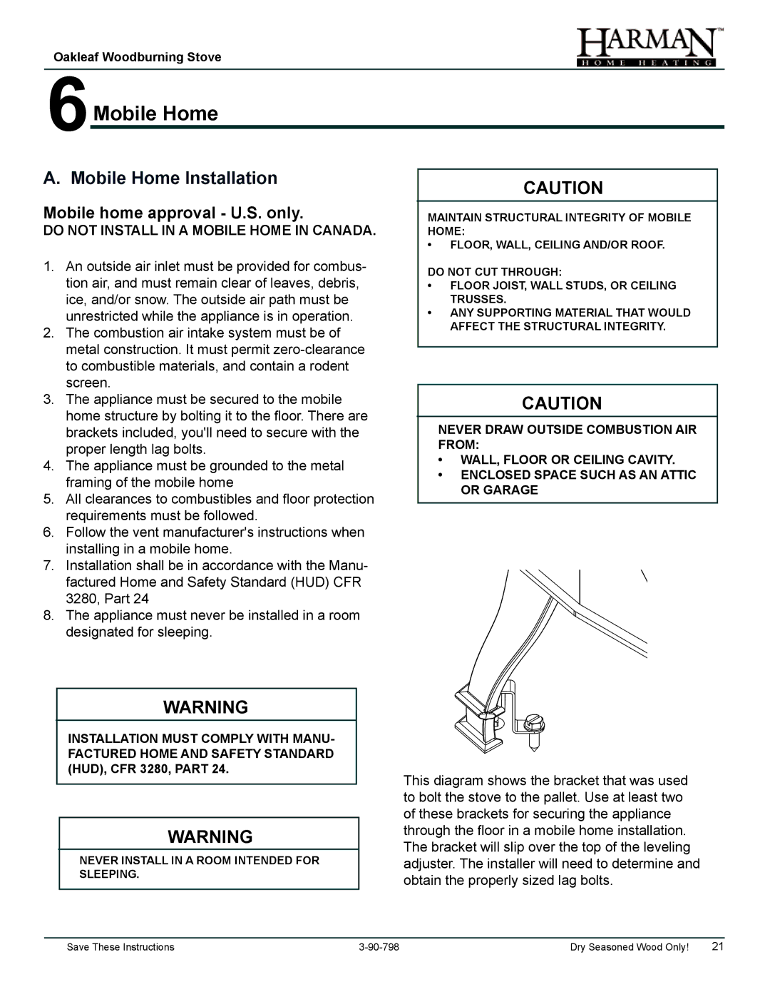 Harman Stove Company 1-90-797000 manual 6Mobile Home, Mobile Home Installation 