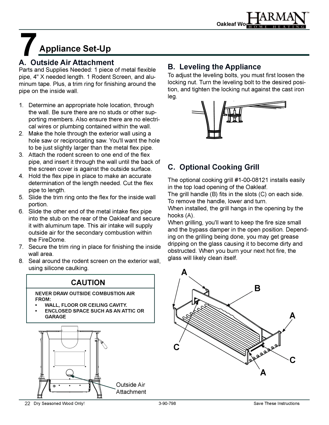 Harman Stove Company 1-90-797000 Appliance Set-Up, Outside Air Attachment Leveling the Appliance, Optional Cooking Grill 